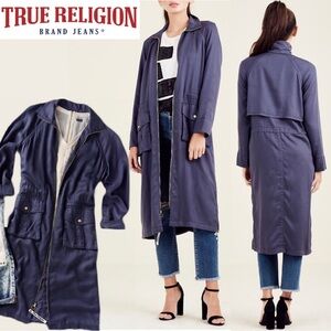 NEW True Religion Navy Duster Silky Long Jacket Trench Coat Overcoat Streetwear